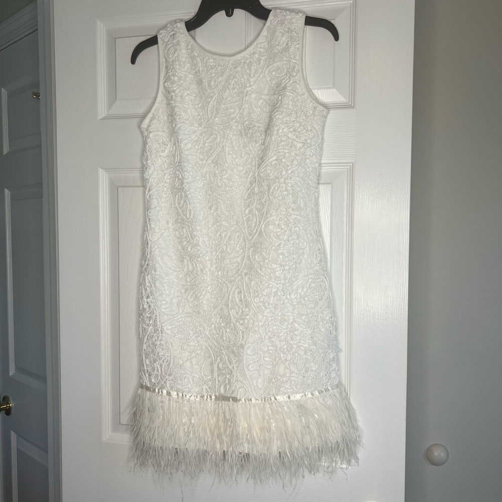 Elegant White Lace Dress with Feather Trim